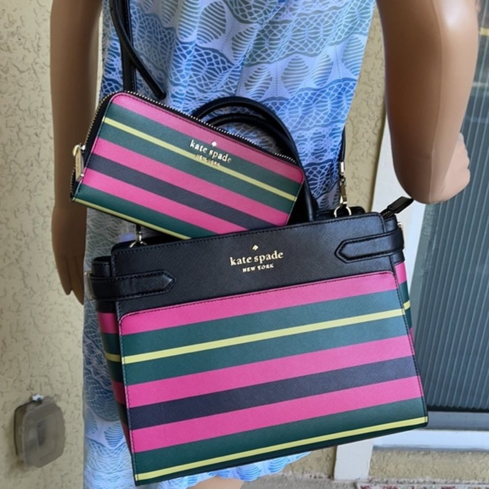 Kate Spade Staci Medium Satchel & Staci Wrapping Paper Stripes Wallet - Picture 1 of 16